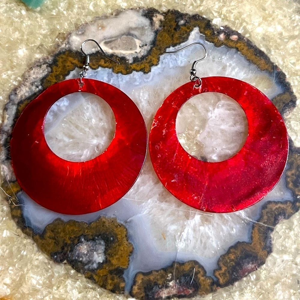 Red Shell Hoop Statement Earrings - Picture 2 of 3